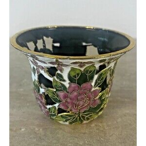 Vintage Cloisonné  Tea Light Candle Holder or Mini Vase Gold Floral Enameled